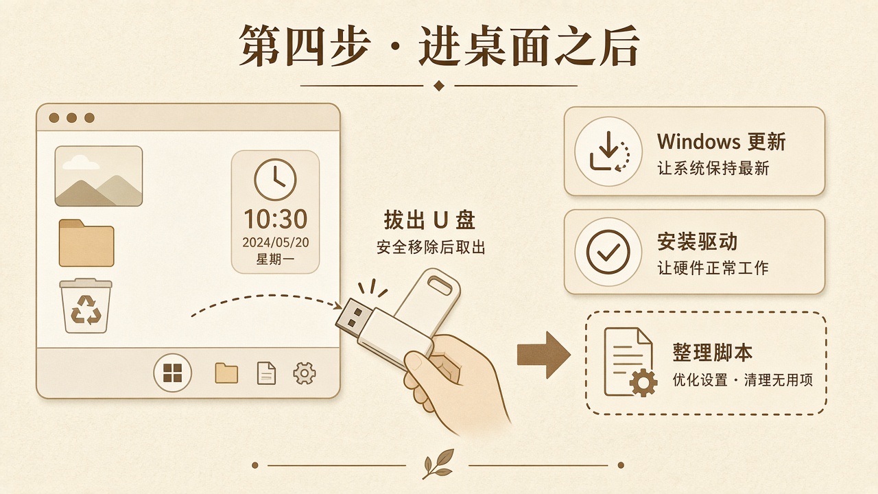 拔掉 U 盘后完成 Windows 更新、安装驱动再整理系统的示意图